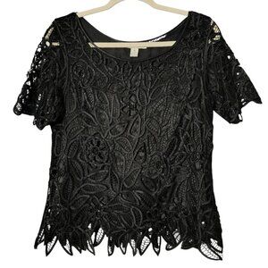 Silken Poetry Womens Black Feminine Fairy Boho Hand Crochet Beaded Silk Top M